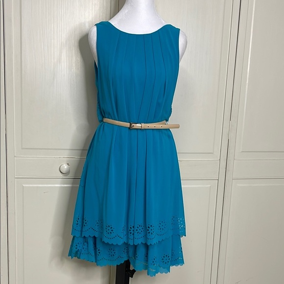 Jessica Simpson Women’s Turquoise Belted Chiffon Eyelet Layered Dress Sz 10 - Picture 1 of 13